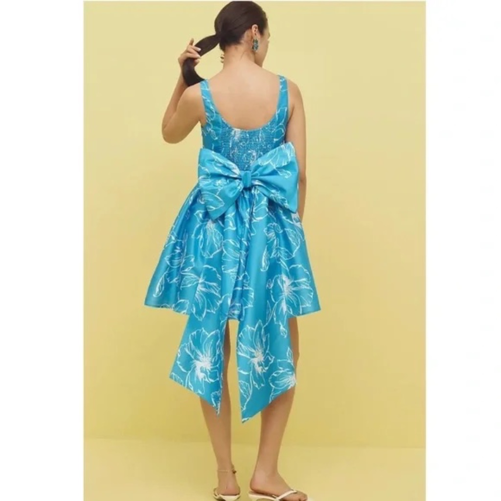 Nwt Hutch Anthropologie Sleeveless Back-Bow Basque-Waist Mini Dress Blue Floral